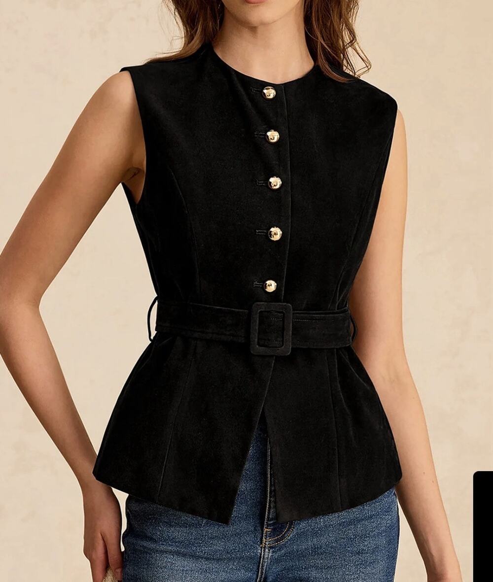 Commense Suede Effect Vest Size M Black Belted Gold Buttons Tailored Classic NWT
